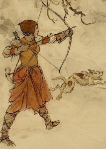 Detail from ''How Launcelot was shot by a gentlewoman hunting by Arthur Rackham''